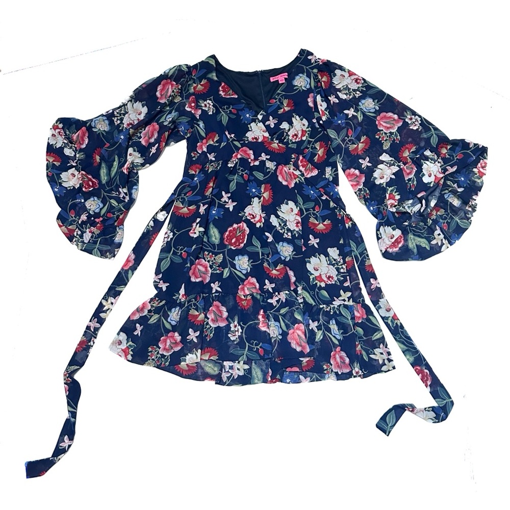 Betsey Johnson Coquette Floral Print Boho Wrap Tie Ruffle Bambi Mini Dress - Picture 2 of 9